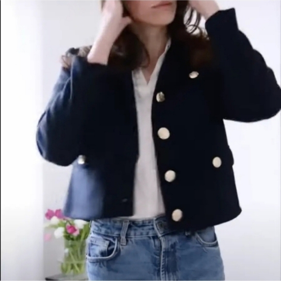 New Zara Cropped Gold Button Front Navy Jacket Blogger Fav NWT Small 3046/086 - Picture 8 of 16